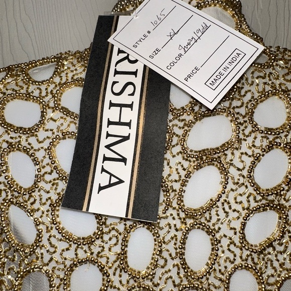 NWT Breathtaking Vtg Krishma Handmade Ivory & Gold Beads Embellished Net Duster - Picture 14 of 16